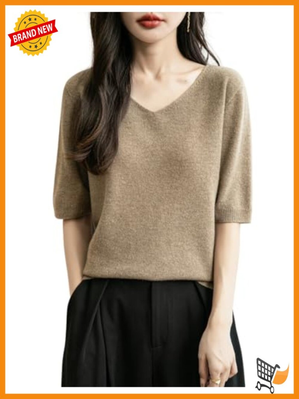 100% Merino Wool V-Neck Short Sleeve Seamless Knit Sweater